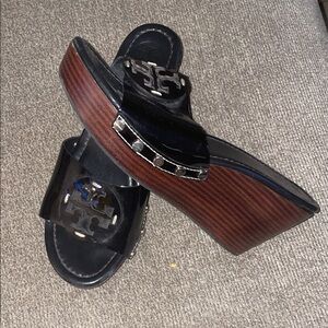 Tory Burch Black Slide Sandals with Silver Emblem